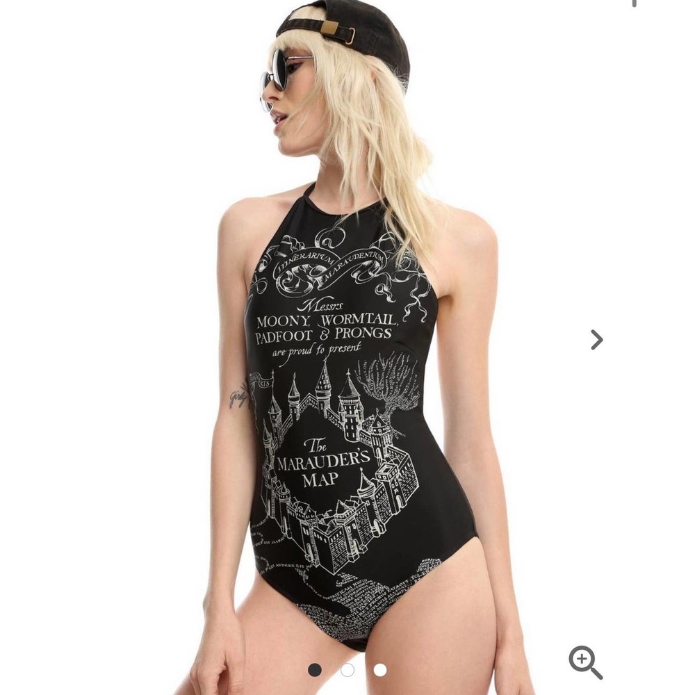Harry Potter Marauders Map Black One Piece Halter Swimsuit Size Small